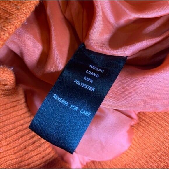 Orange Faux Leather Bomber Jacket Zip Front Multi-Pocket Moto Style Size M - Picture 7 of 8